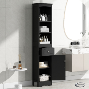 Tall bathroom cabinet in black with freestanding bathroom storage shelves by ECHELYON
